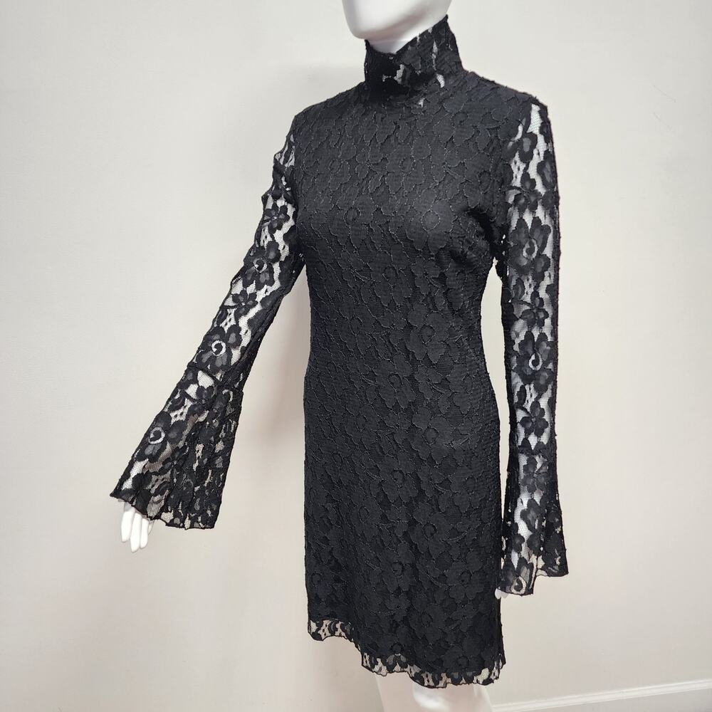 Vintage Inc Black Lace Mini Dress Size M High Neck Long Flare Sleeve Whimsigoth